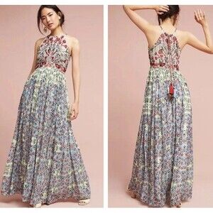 Anthropologie Bhanuni By Jyoti Adelise Beaded Maxi Dress Size 6 Boho Indie FLAW